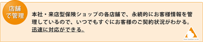 店舗で管理｜本社・来店型保険相談ショップの各店舗で、永続的にお客様情報を管理しているので、いつでもすぐにお客様のご契約状況がわかる。迅速に対応ができる。